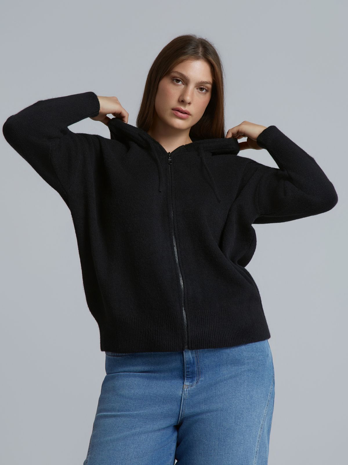 Hooded zip knit cardigan