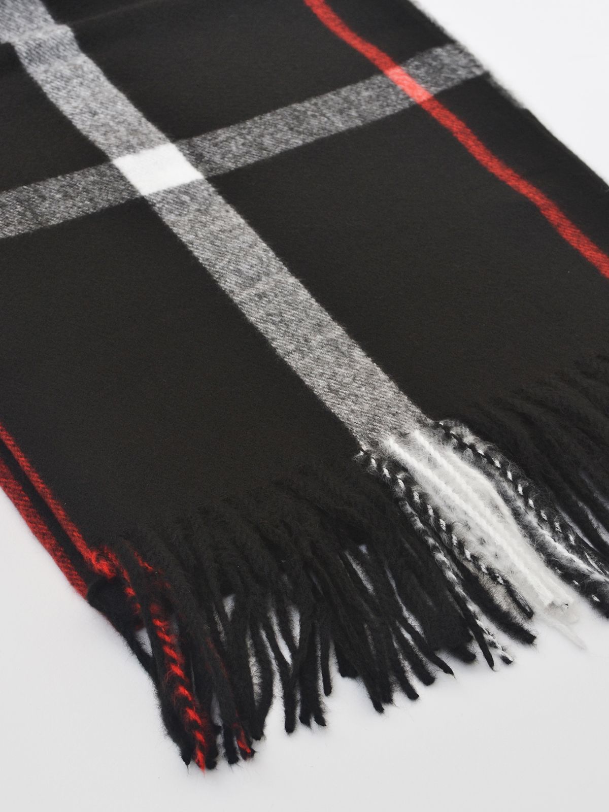 Black plaid scarf with fringe