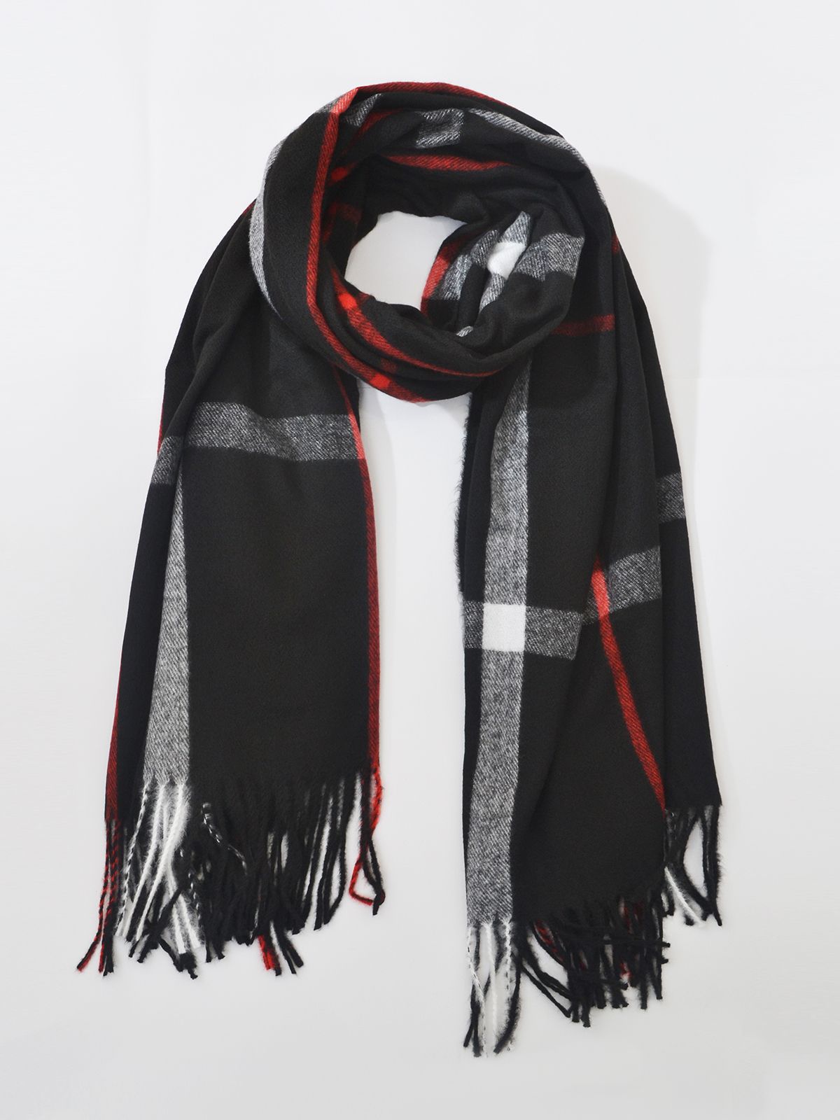 Black plaid scarf with fringe