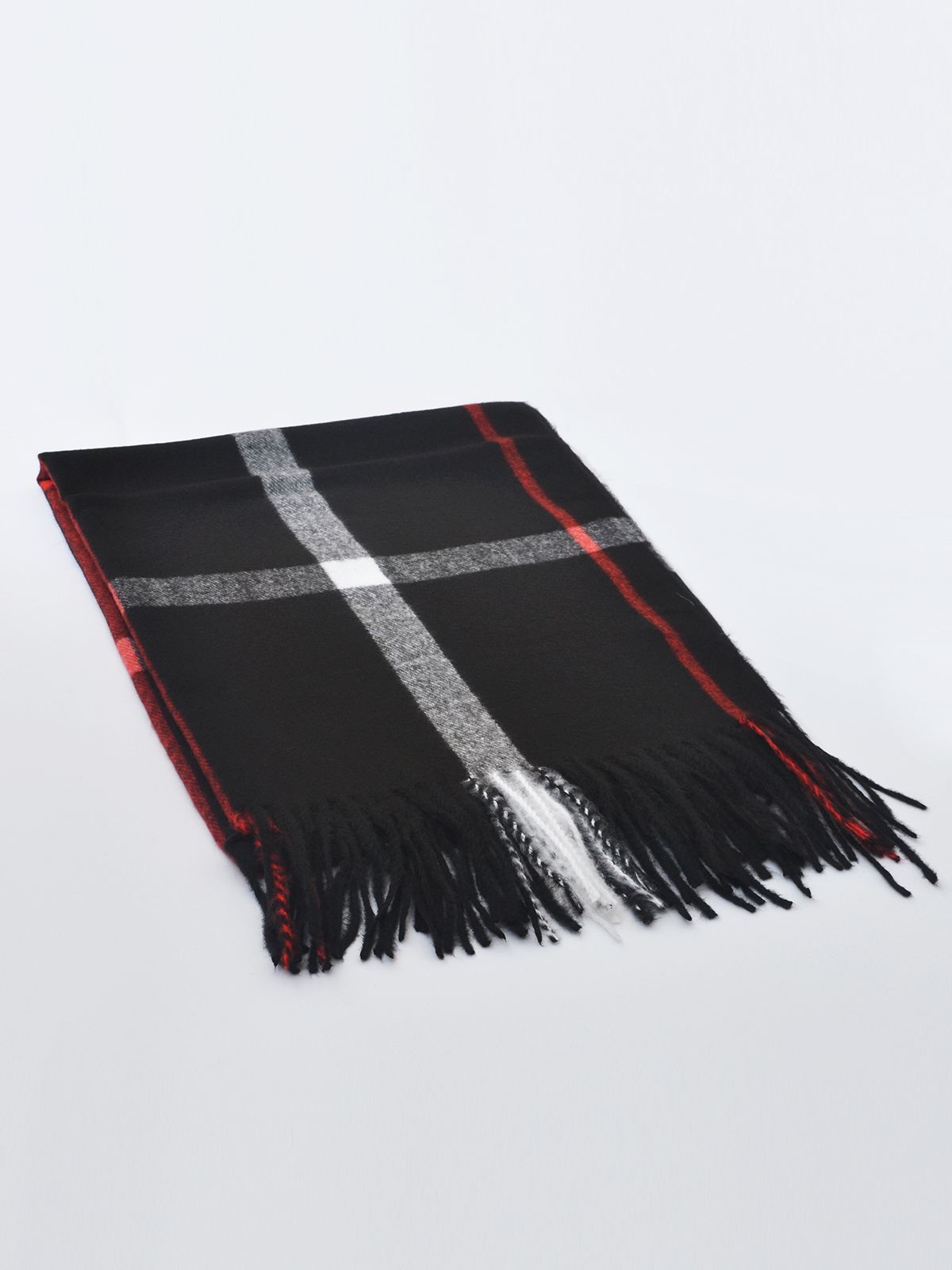 Black plaid scarf with fringe