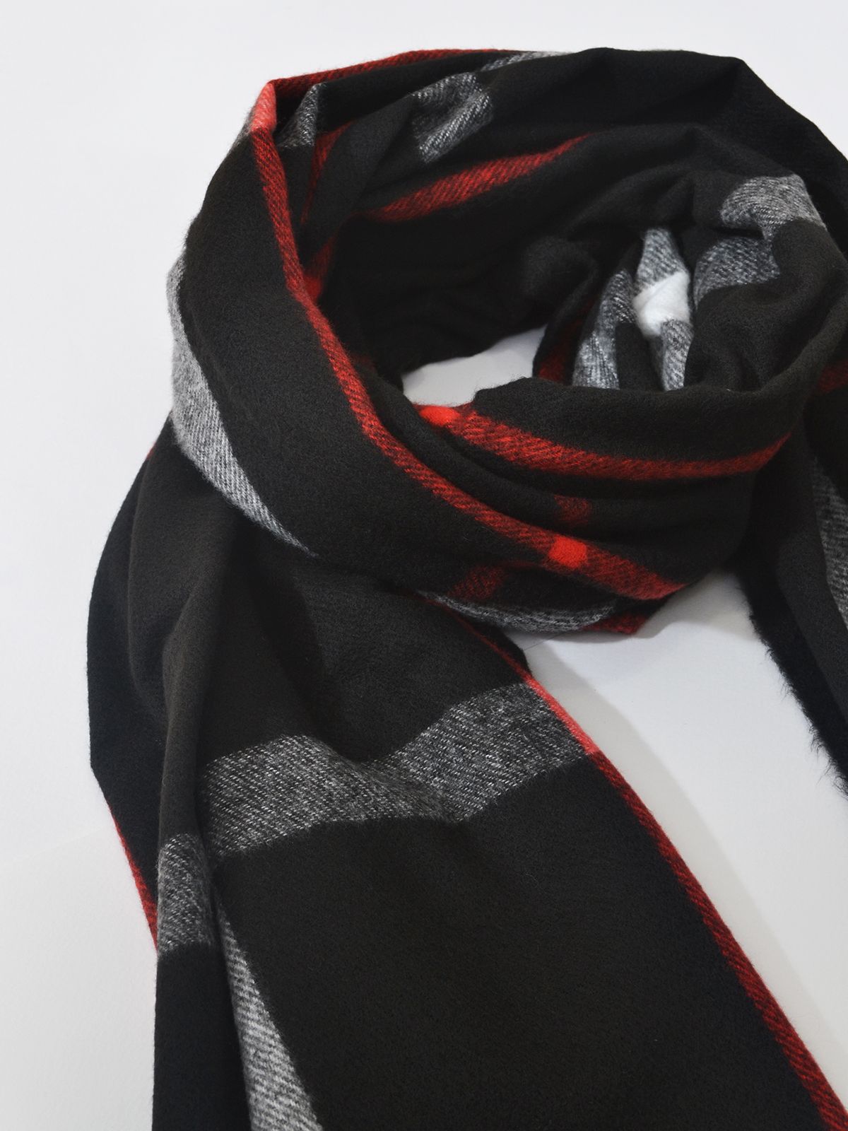 Black plaid scarf with fringe