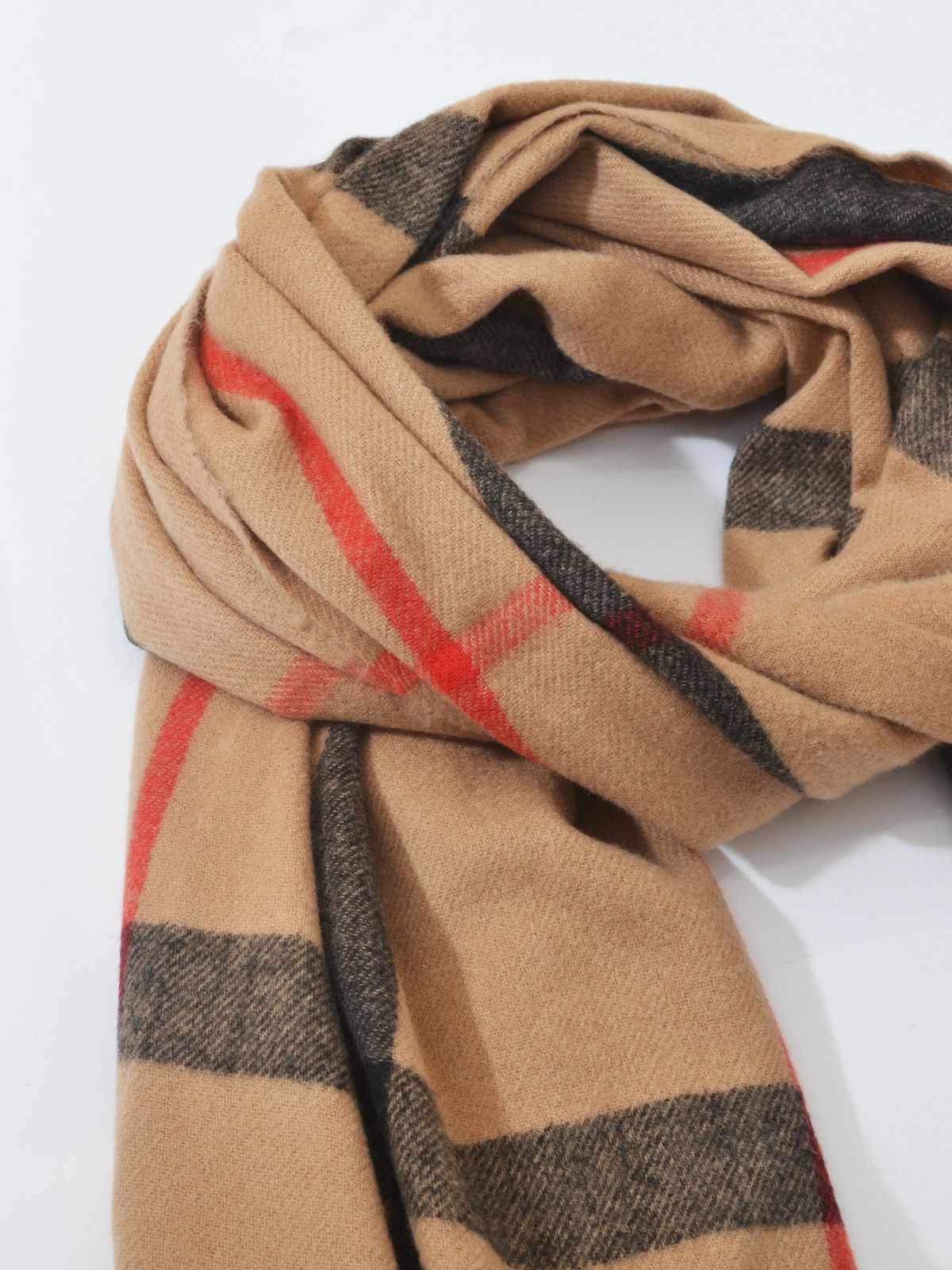 Camel plaid scarf with fringe