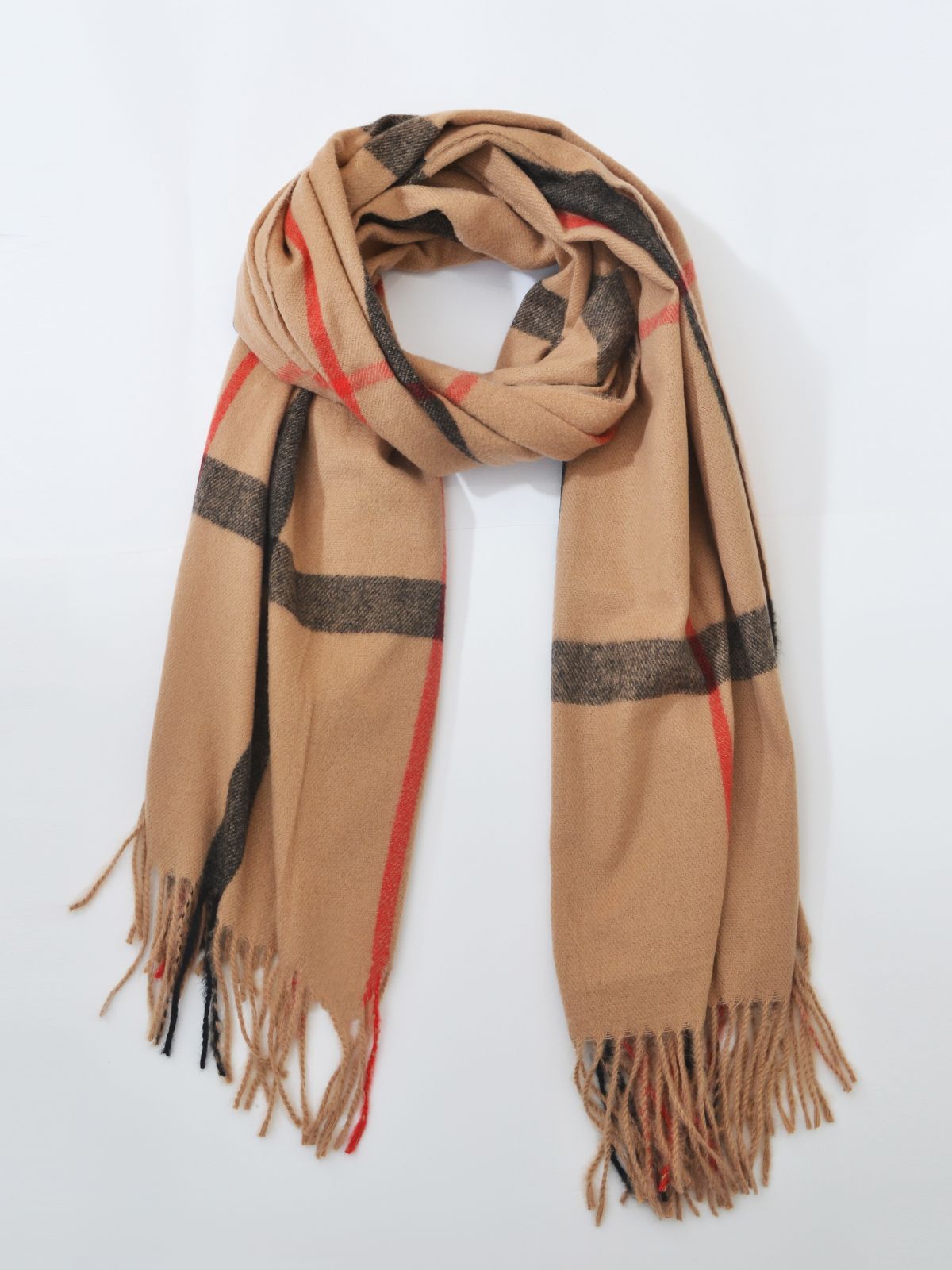 Camel plaid scarf with fringe