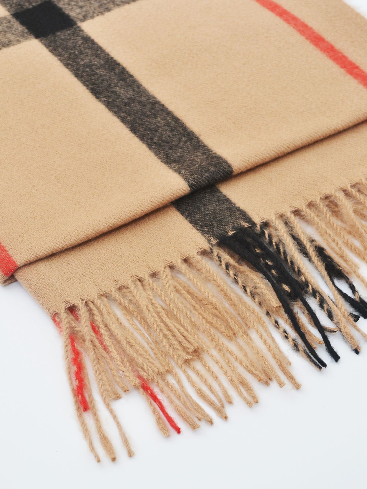 Camel plaid scarf with fringe