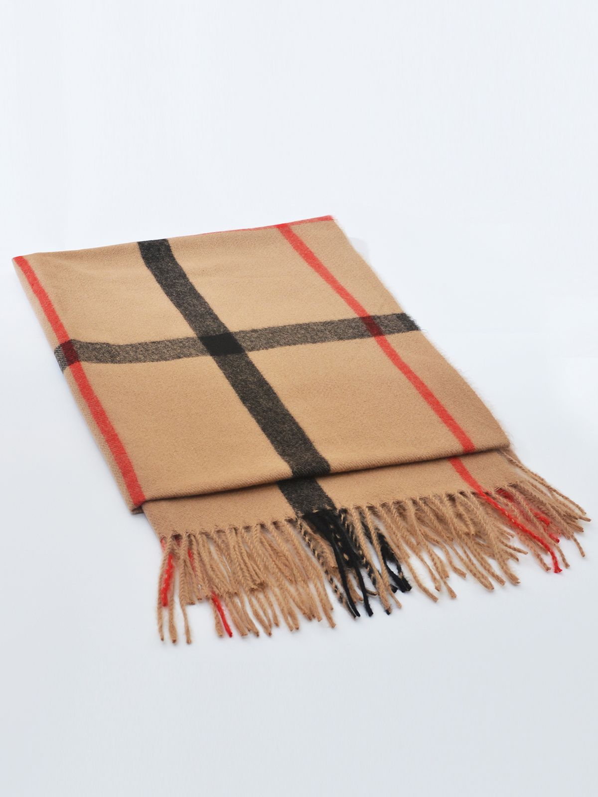 Camel plaid scarf with fringe
