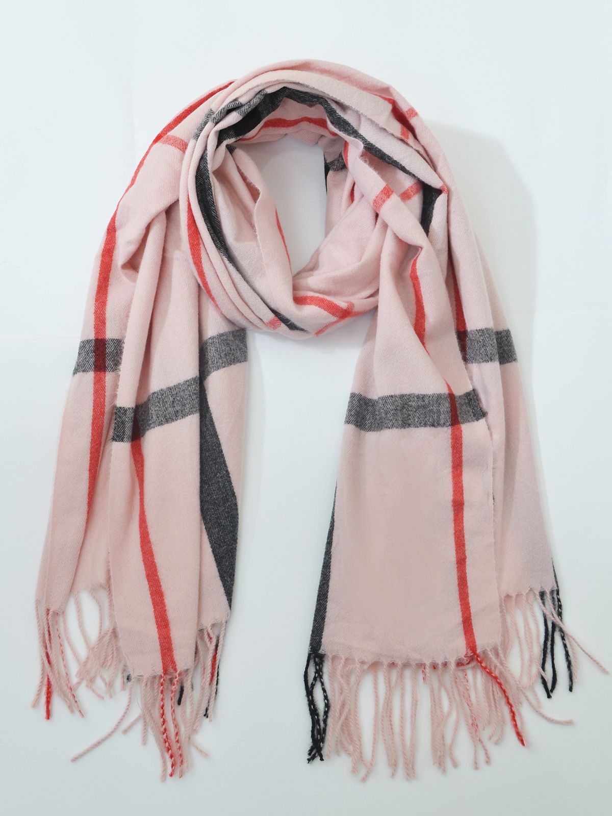 Pink plaid scarf with fringe