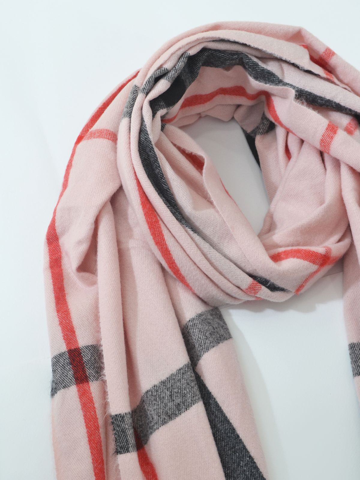 Pink plaid scarf with fringe