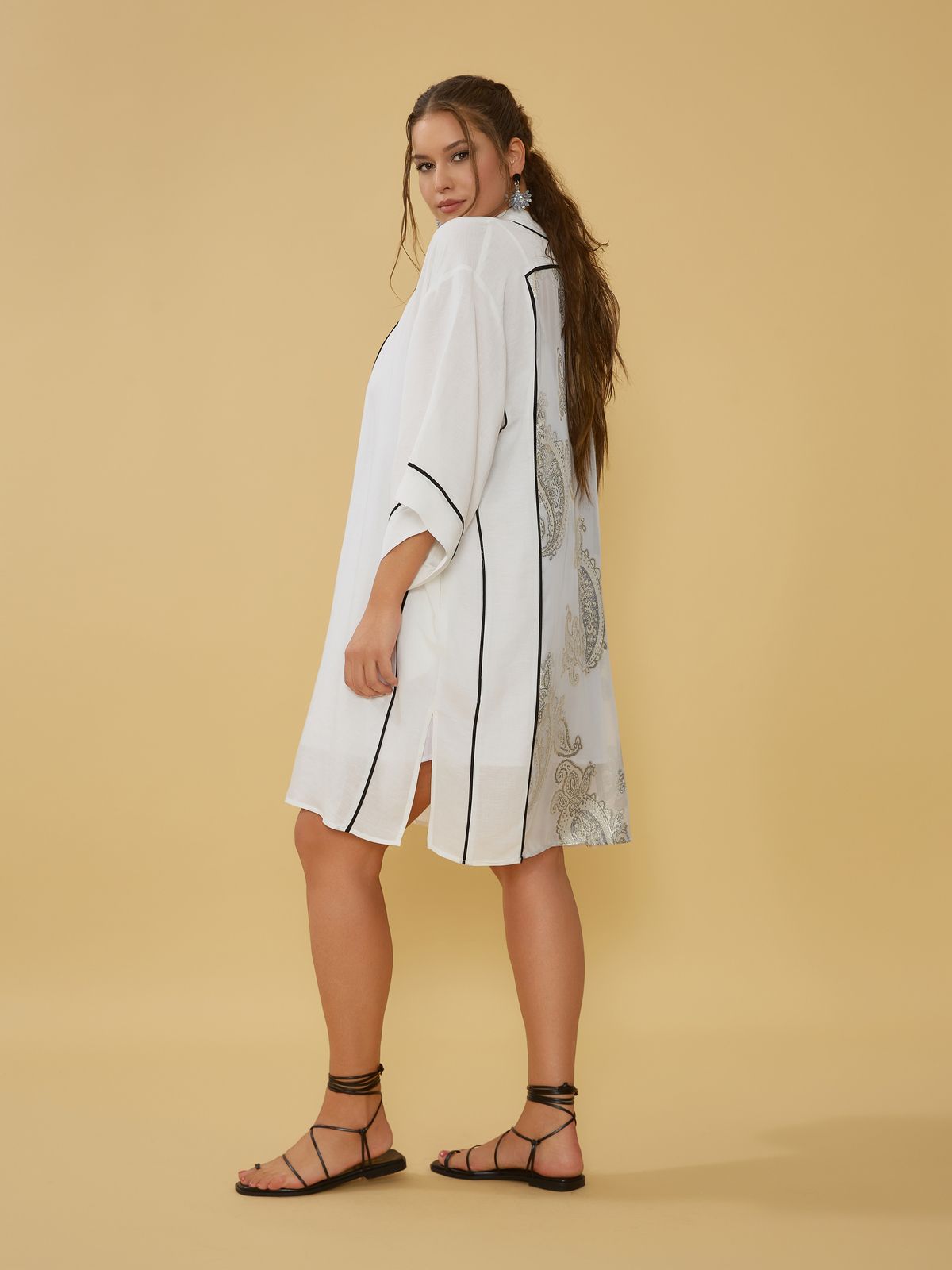 Linen-blend kimono with sheer back panel