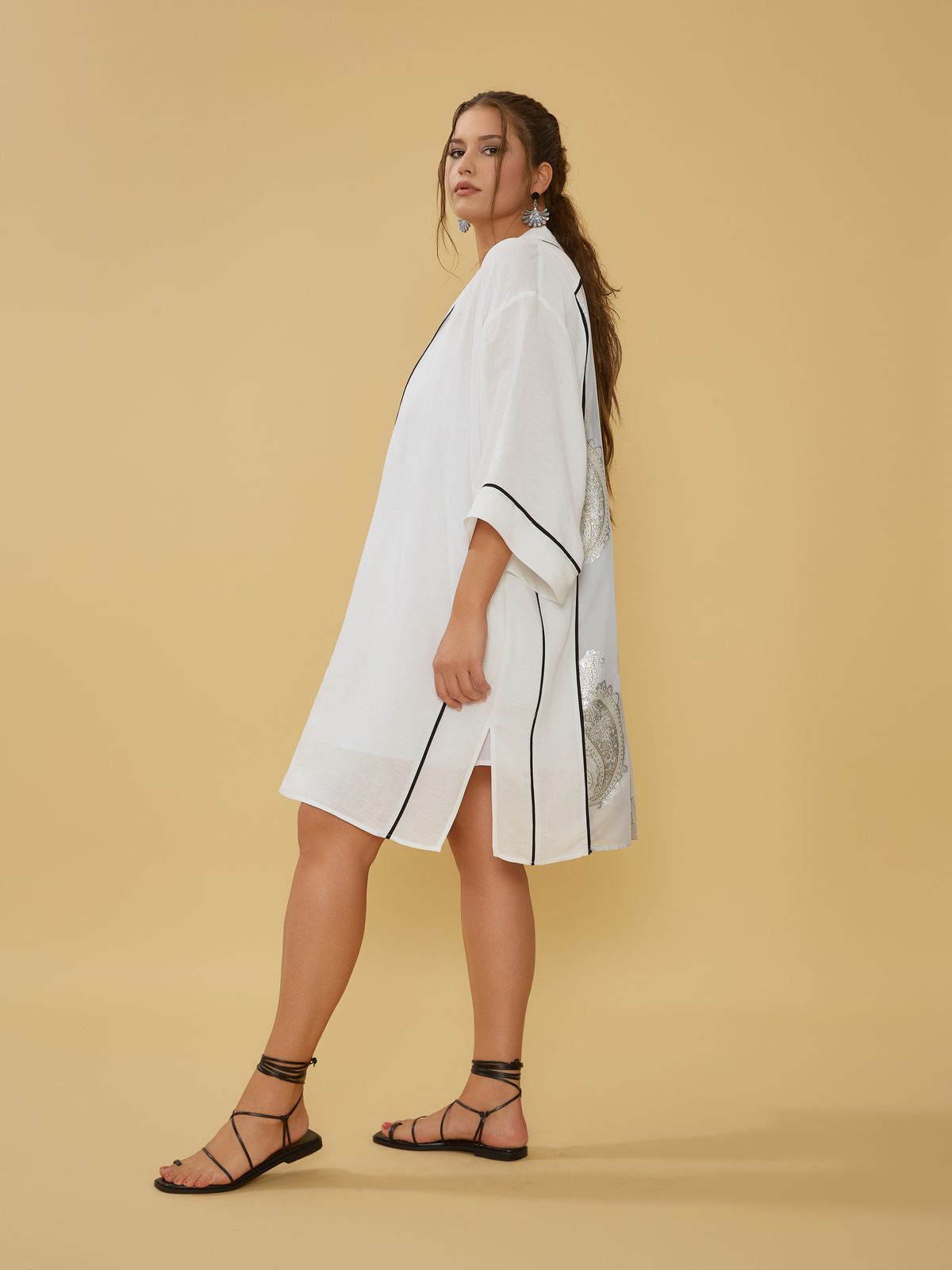 Linen-blend kimono with sheer back panel