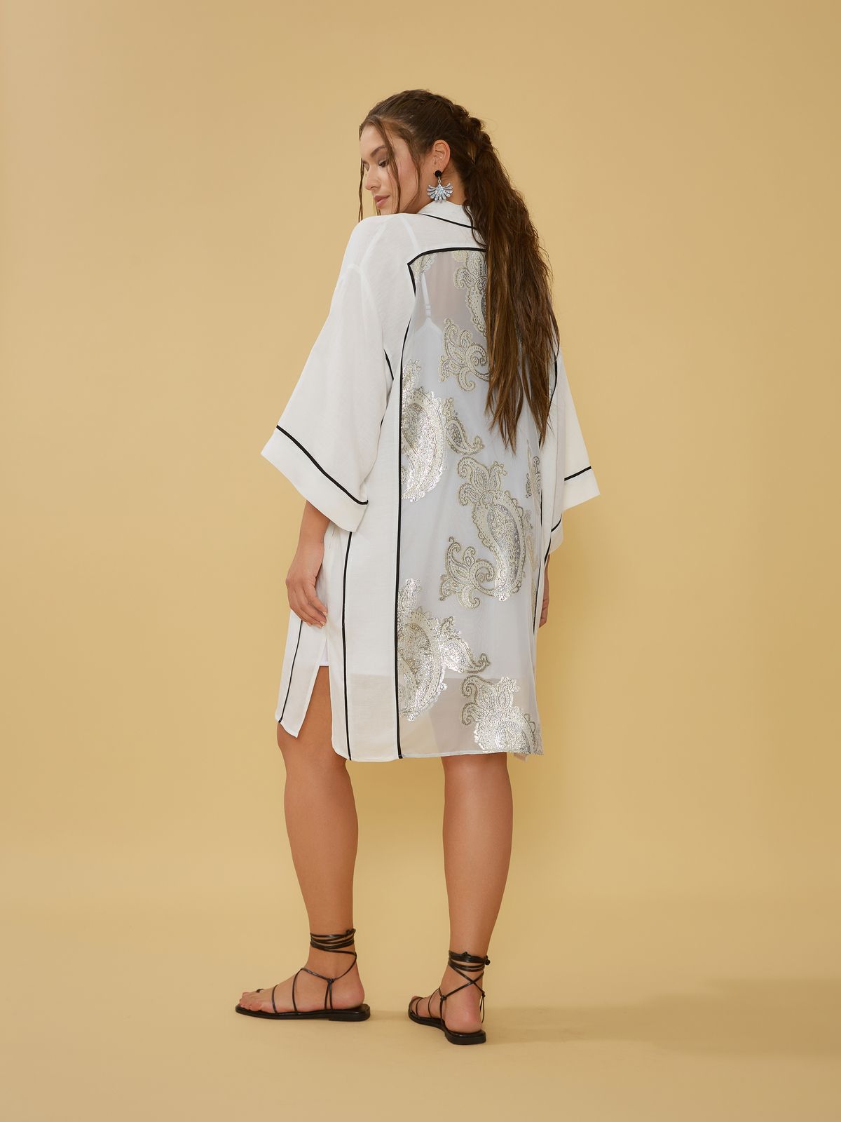 Linen-blend kimono with sheer back panel