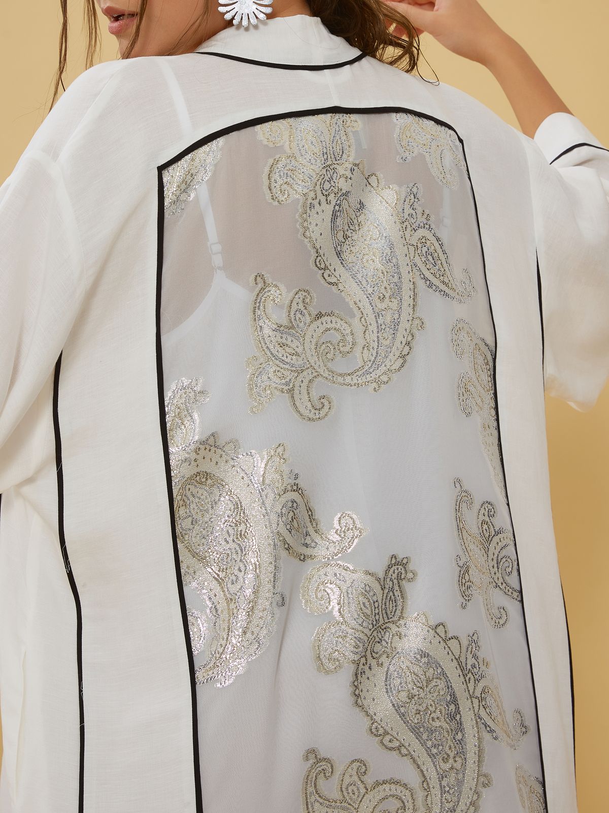 Linen-blend kimono with sheer back panel
