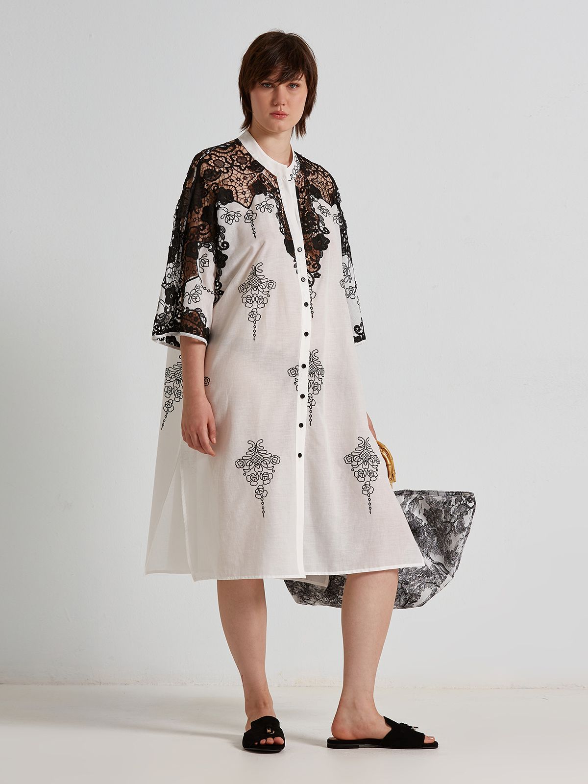 Lace-trimmed cotton shirt-dress