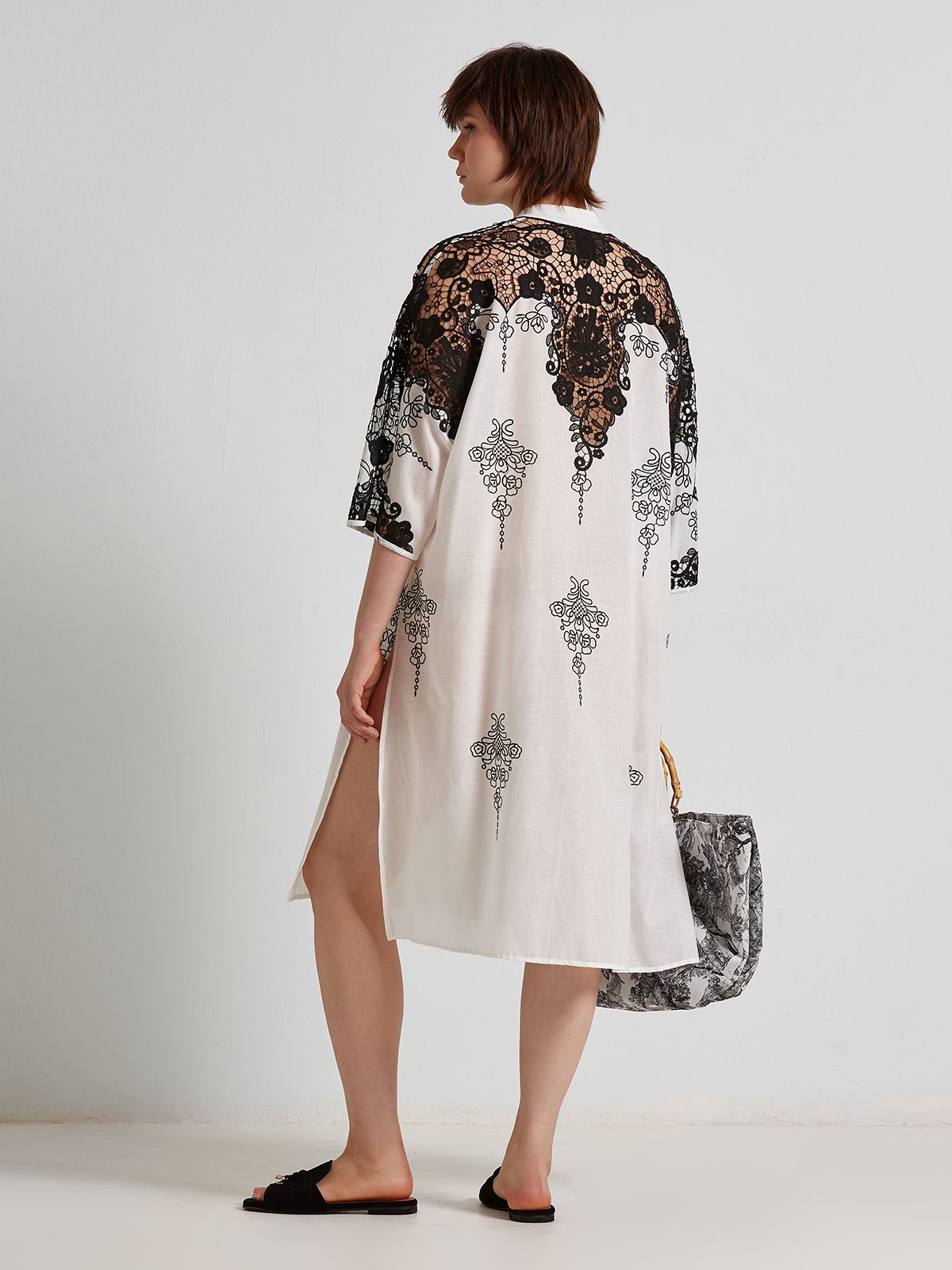 Lace-trimmed cotton shirt-dress