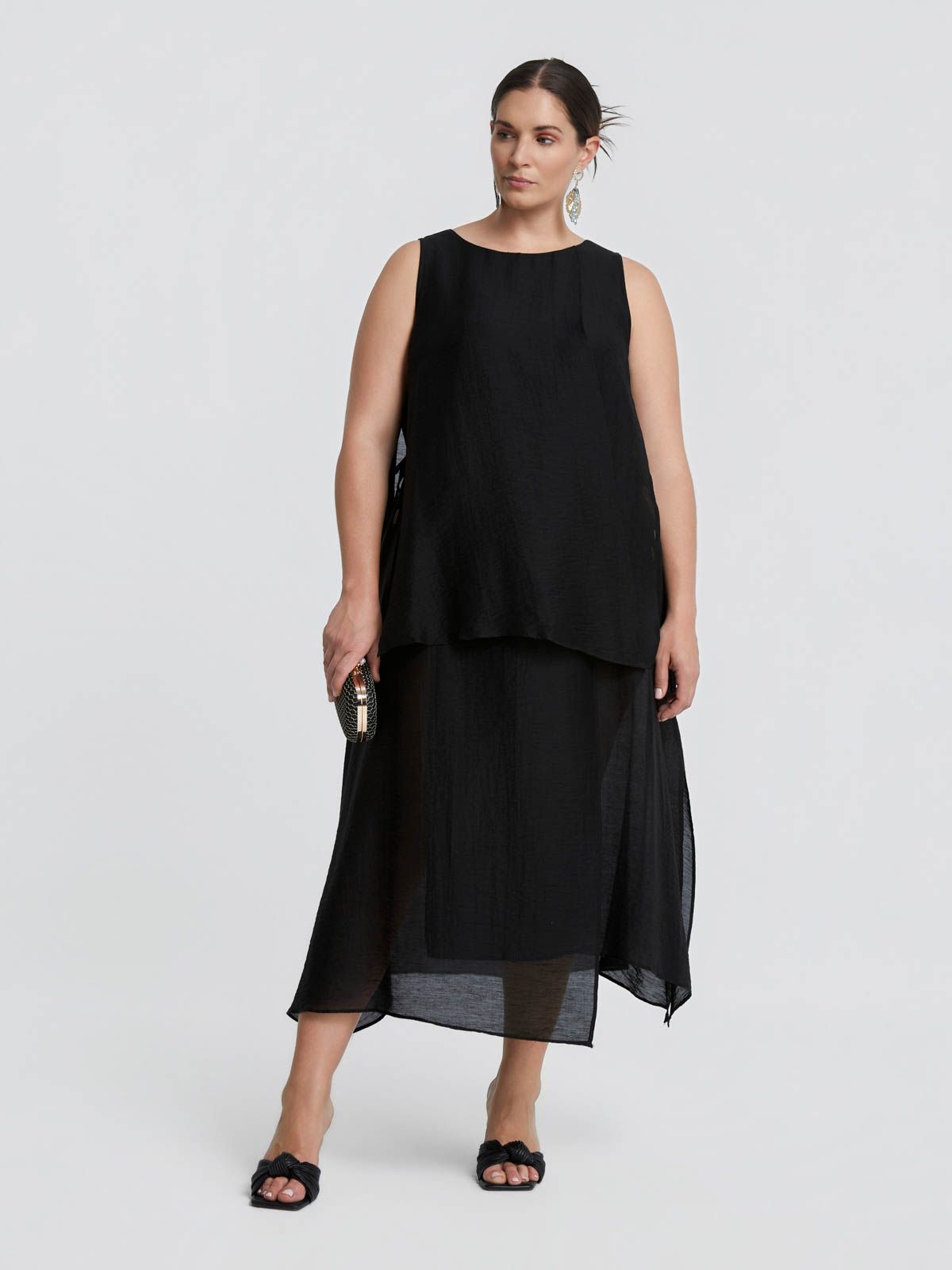 Layered linen-blend sleeveless midi dress