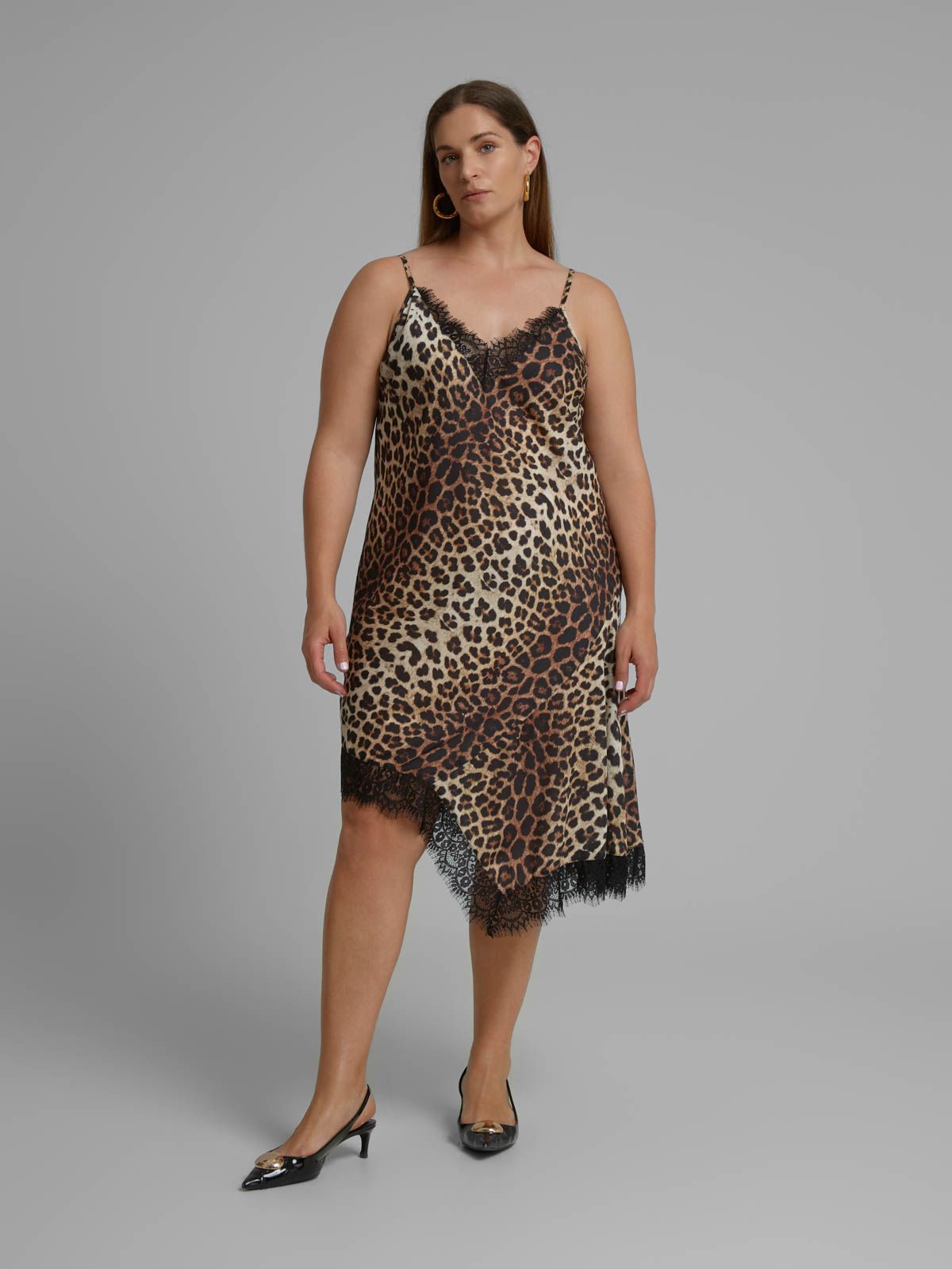 Leopard print satin cami dress with lace trim