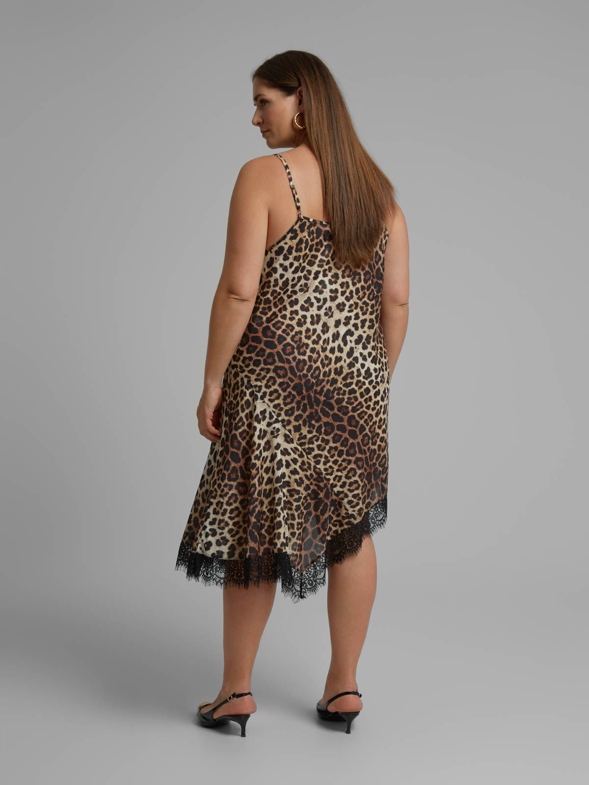 Leopard print satin cami dress with lace trim