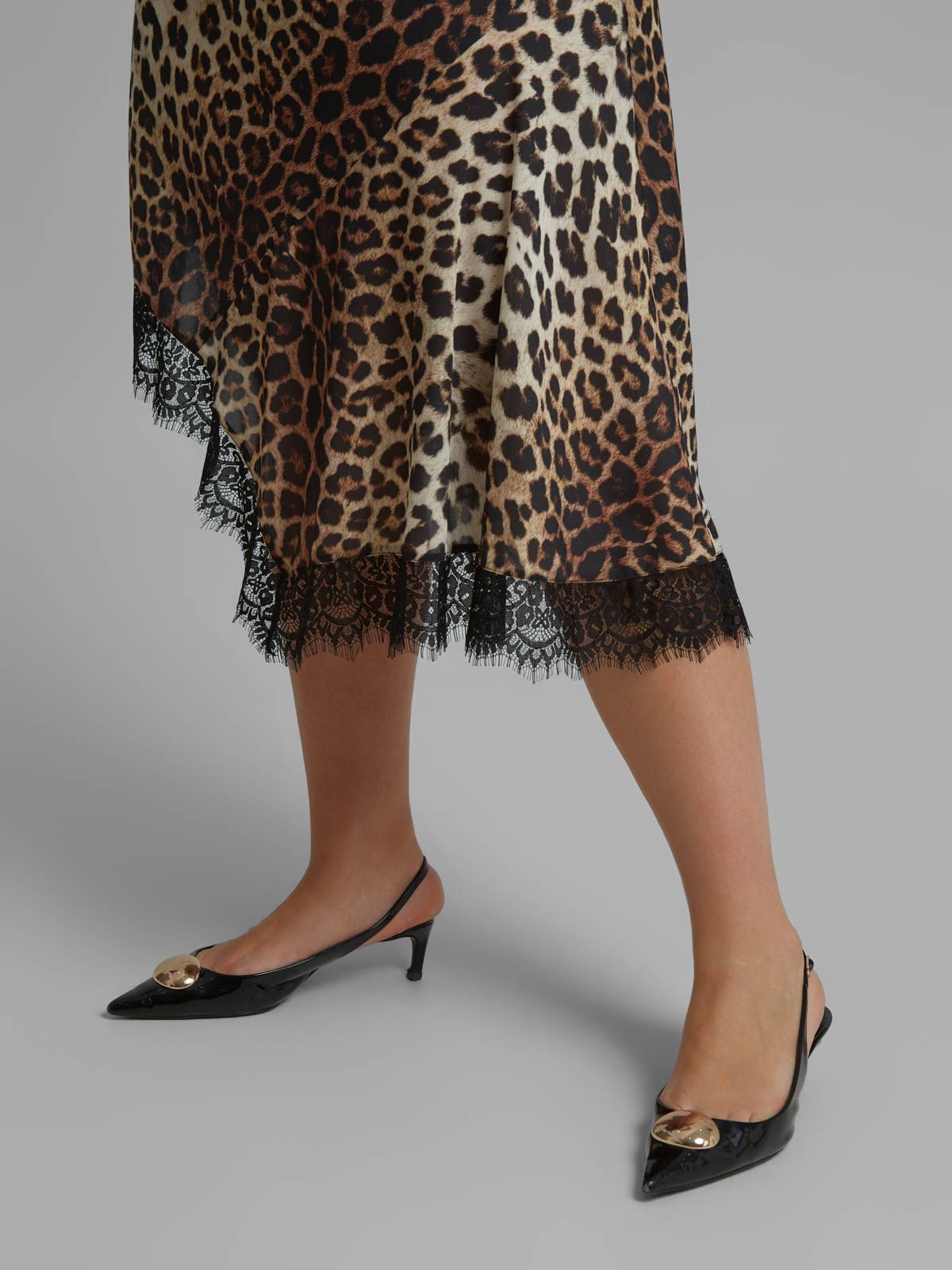 Leopard print satin cami dress with lace trim