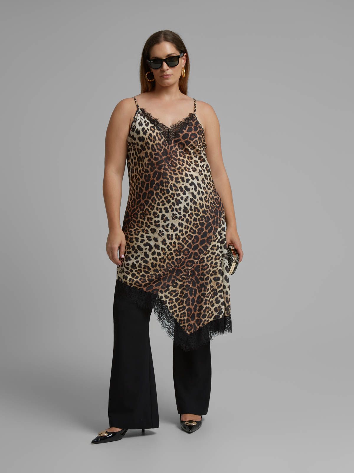 Leopard print satin cami dress with lace trim