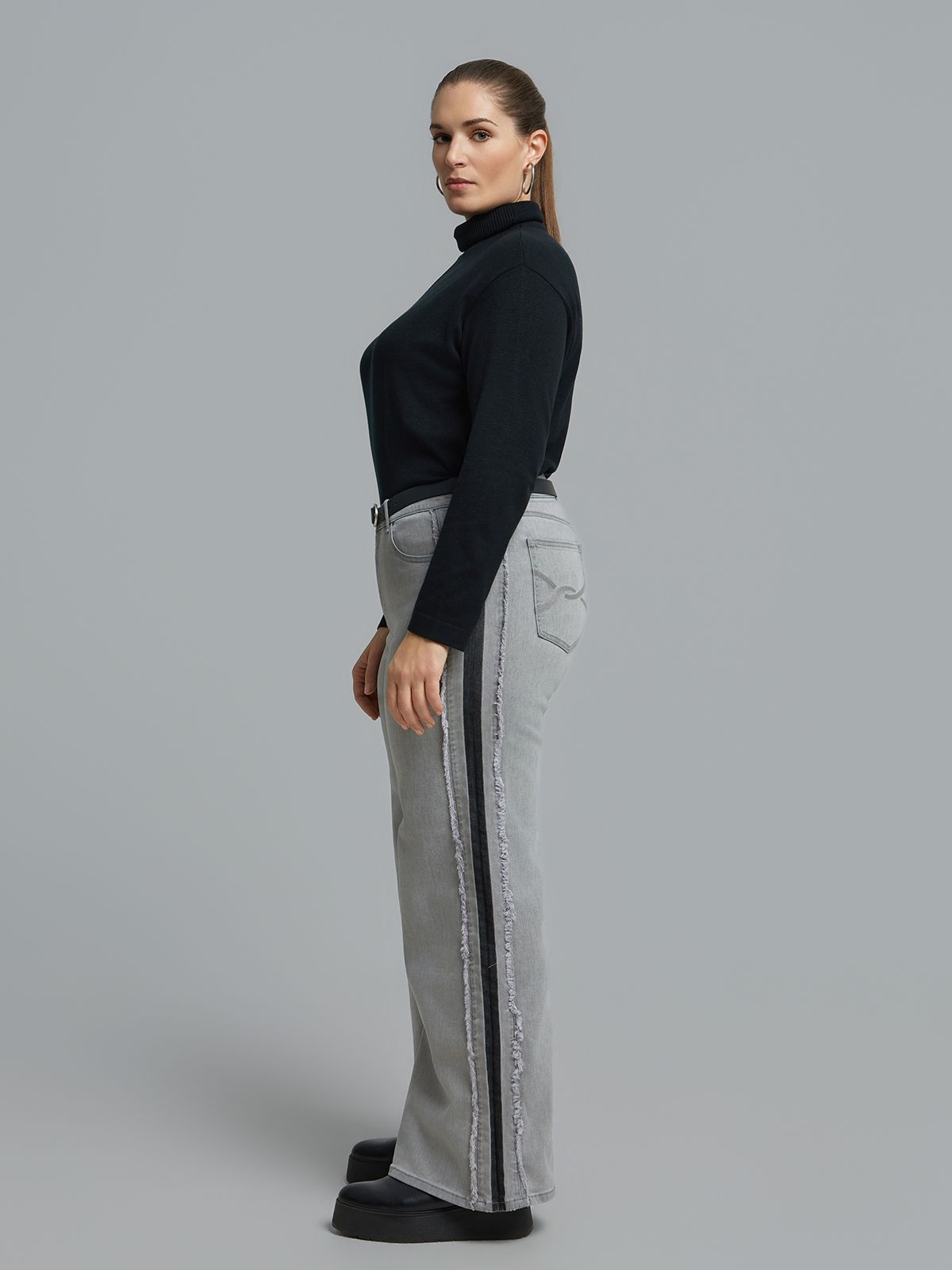 Light grey straight-leg jeans with contrast side panels