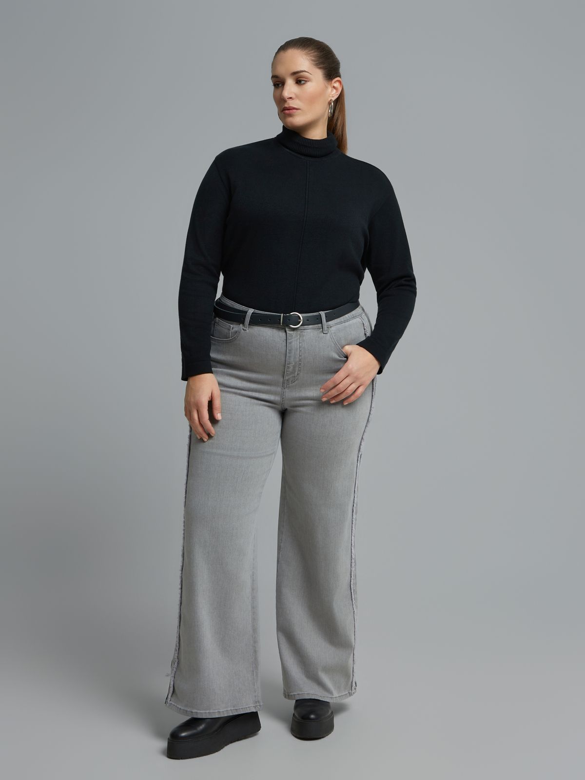 Light grey straight-leg jeans with contrast side panels
