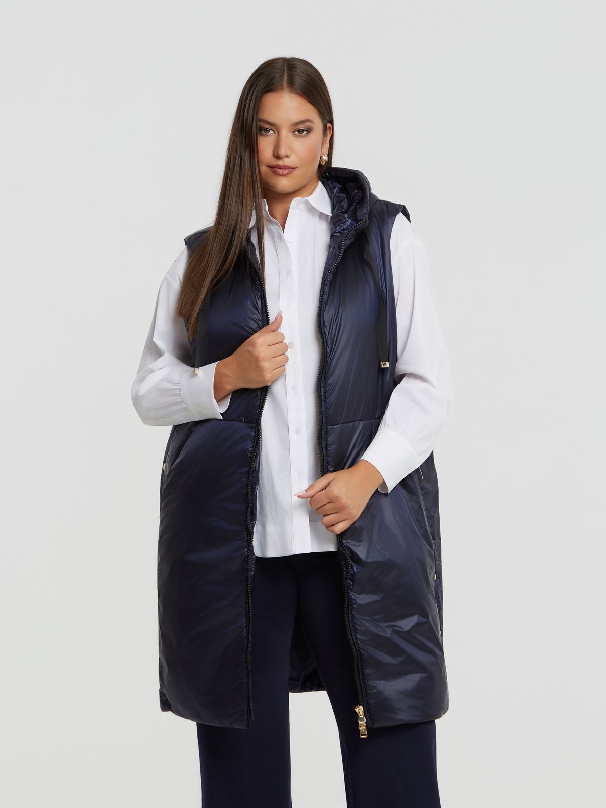 Long sleeveless hooded puffer vest
