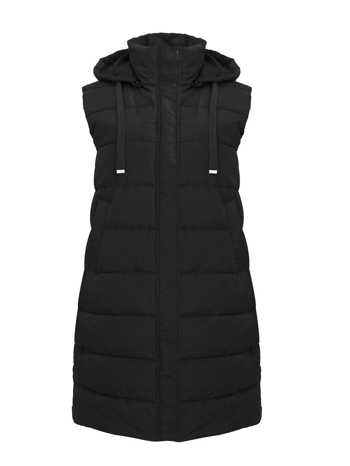 Long sleeveless puffer vest with detachable hood