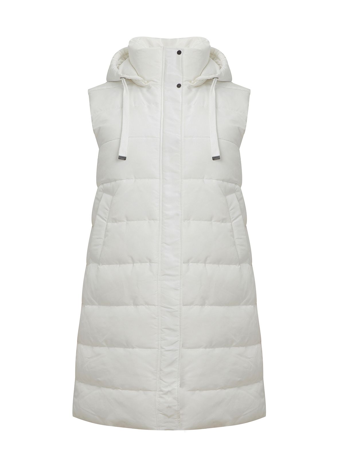 Long sleeveless puffer vest with detachable hood