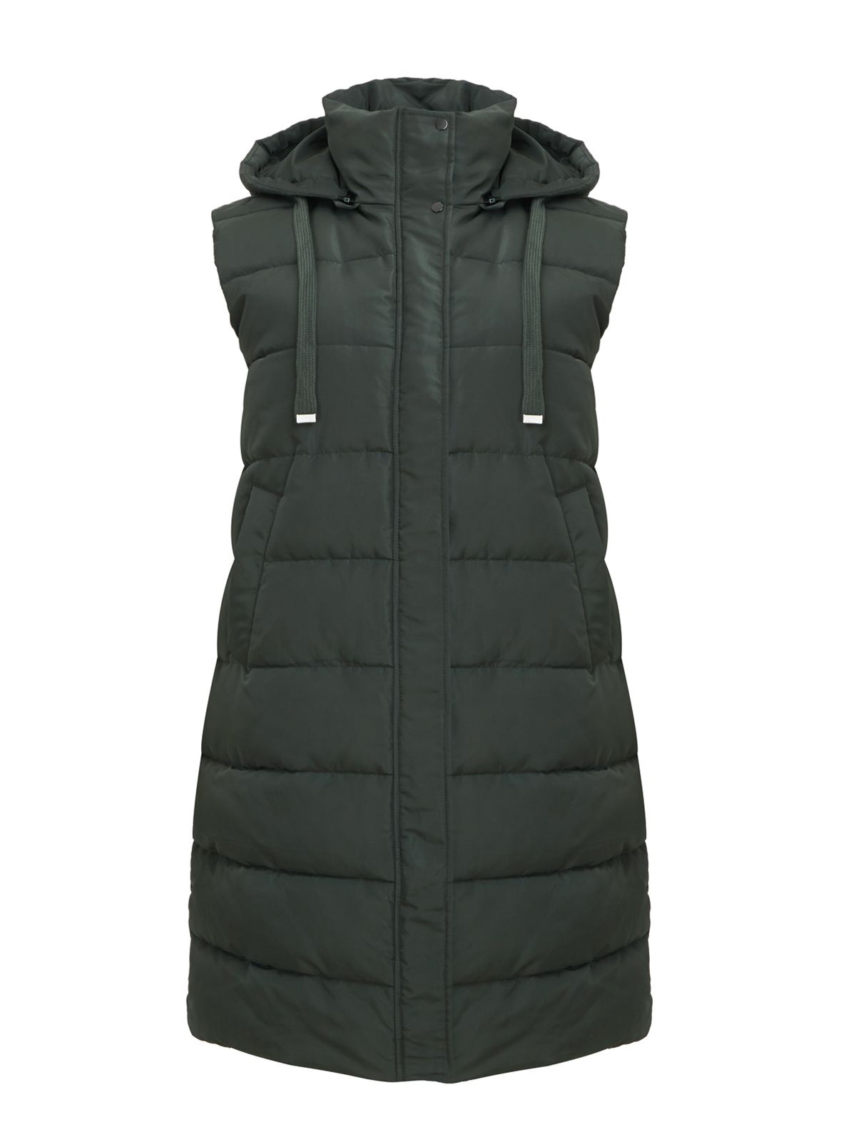Long sleeveless puffer vest with detachable hood