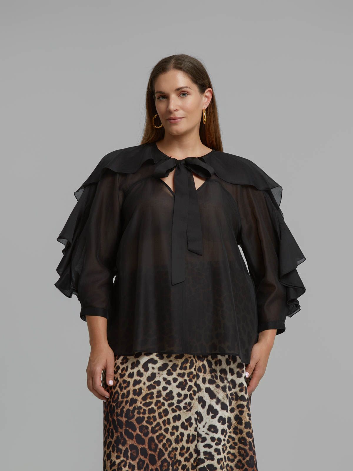 Lyocell-blend blouse with ruffle sleeves and tie neck