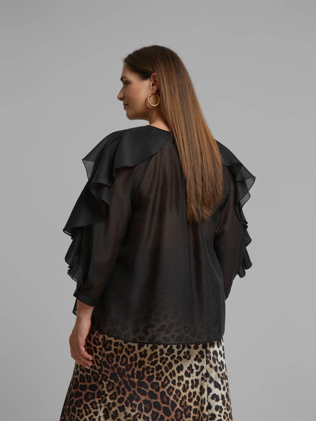 Lyocell-blend blouse with ruffle sleeves and tie neck