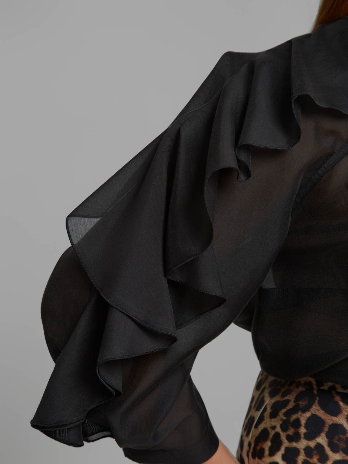 Lyocell-blend blouse with ruffle sleeves and tie neck