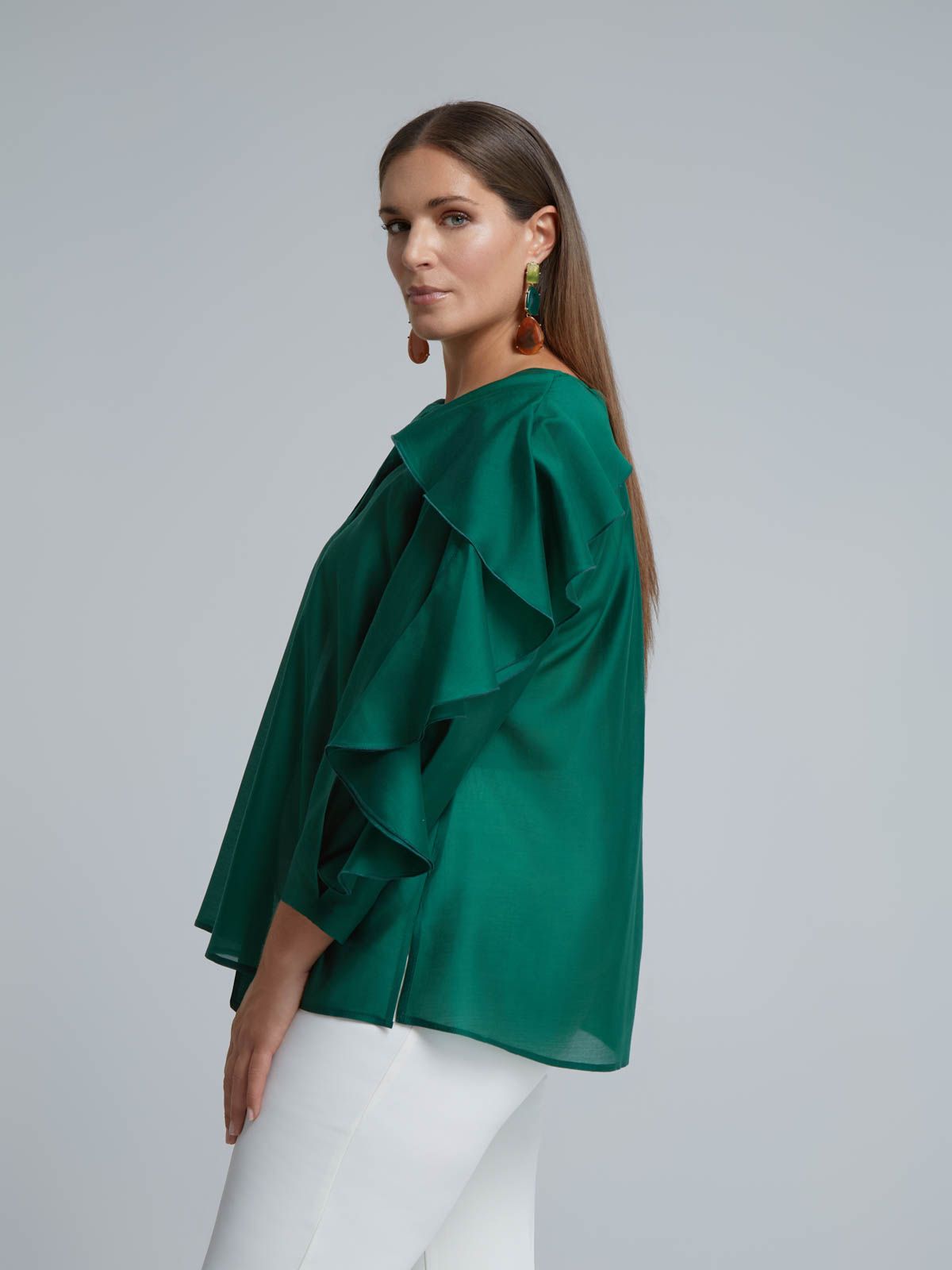 Lyocell-blend blouse with ruffle sleeves and tie neck