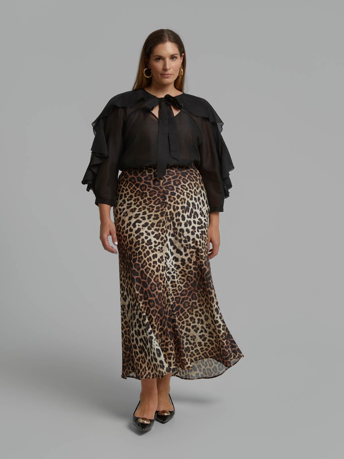 Lyocell-blend blouse with ruffle sleeves and tie neck