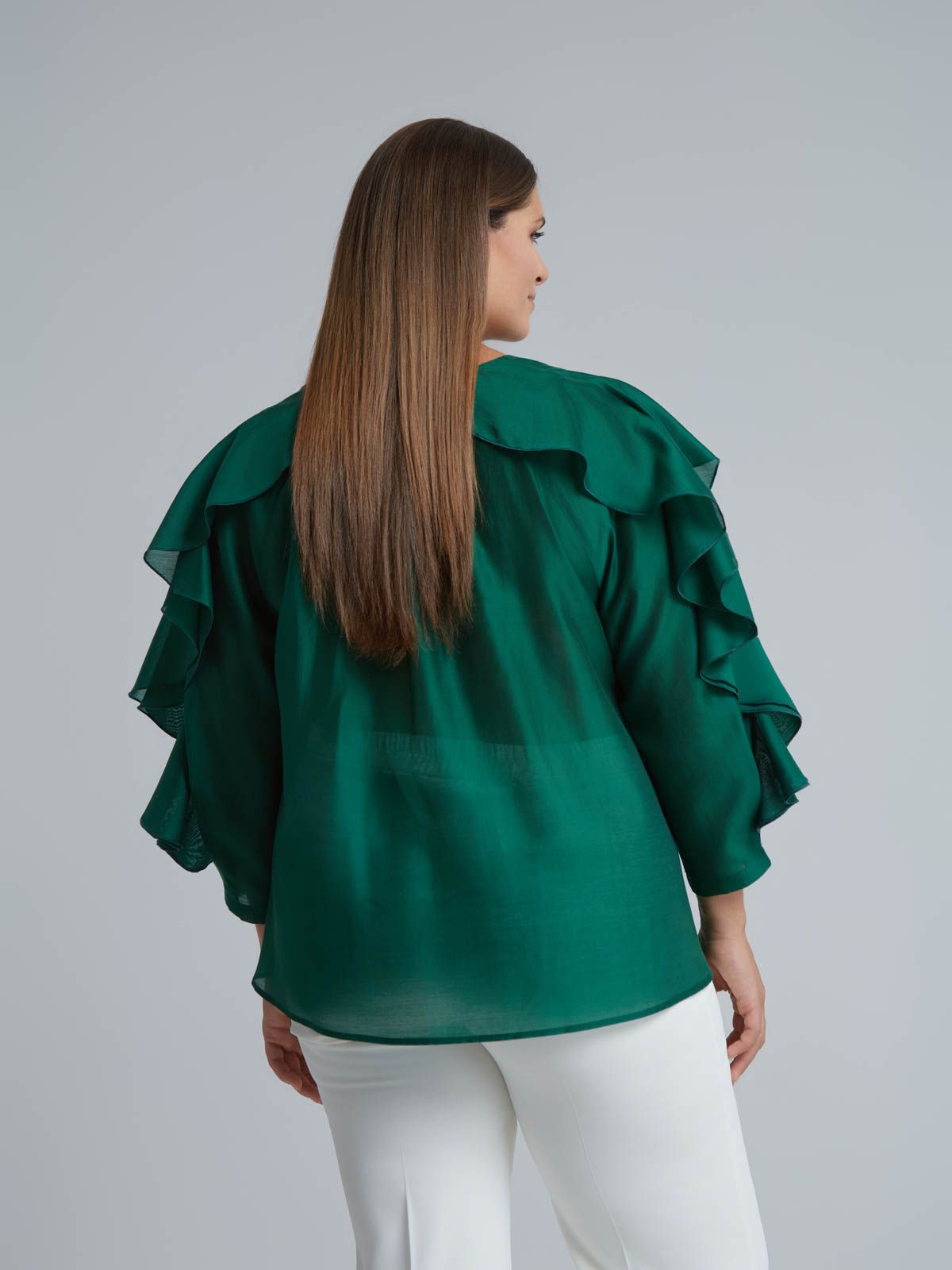 Lyocell-blend blouse with ruffle sleeves and tie neck
