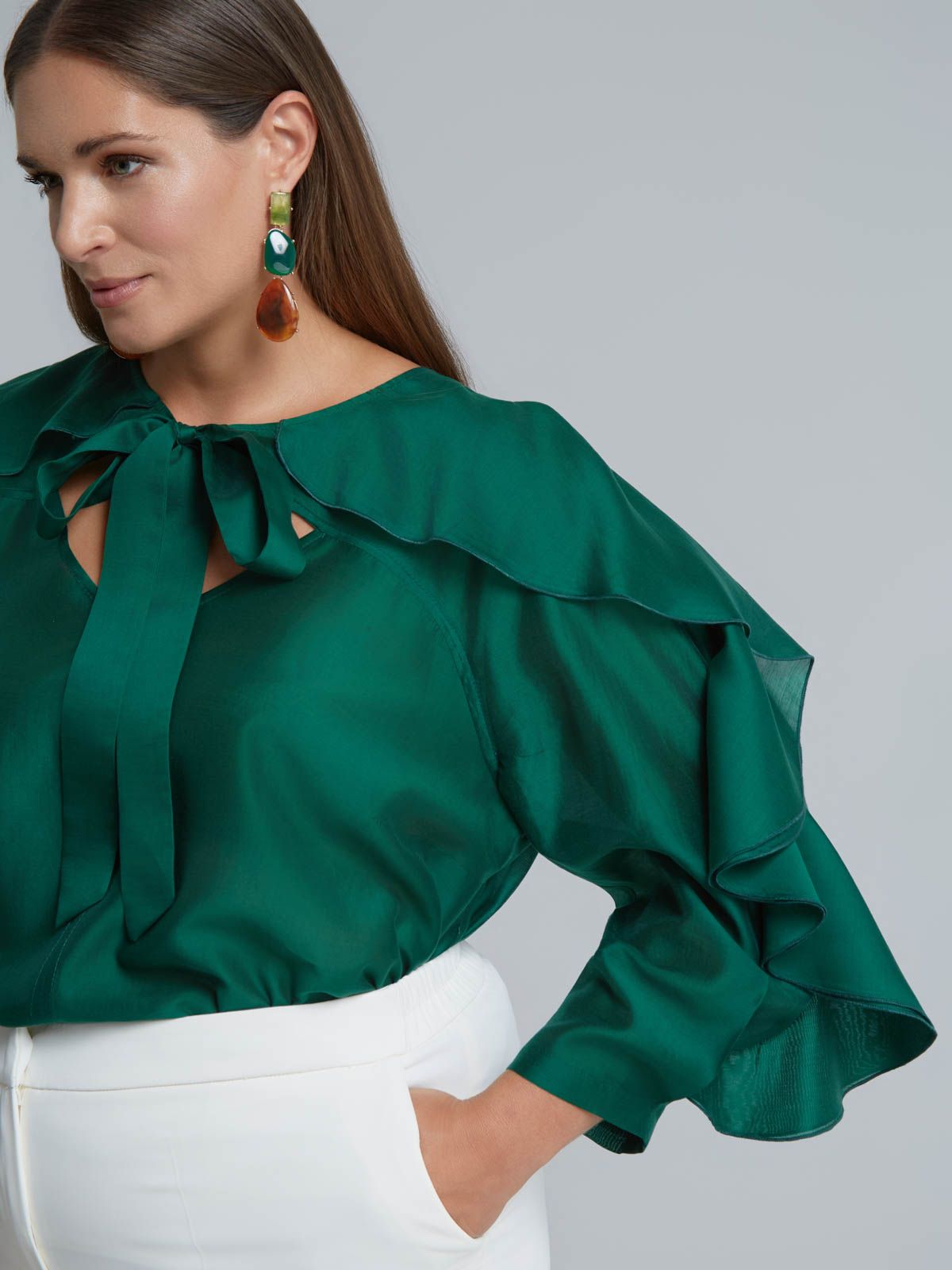 Lyocell-blend blouse with ruffle sleeves and tie neck