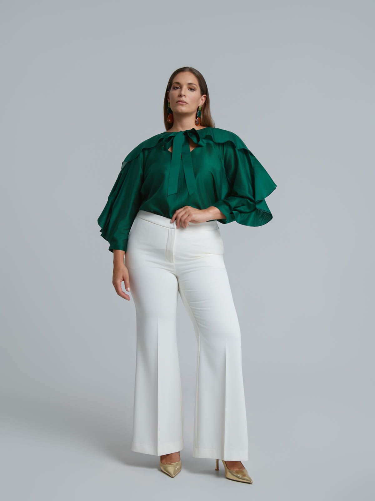 Lyocell-blend blouse with ruffle sleeves and tie neck