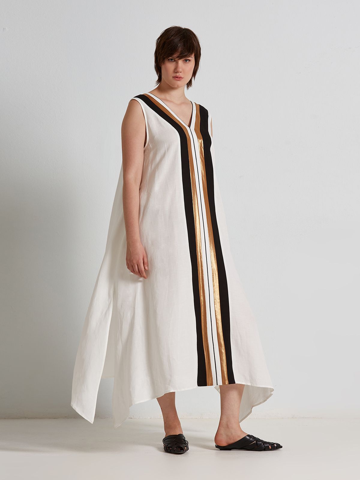 Metallic detailed viscose/linen sleeveless dress