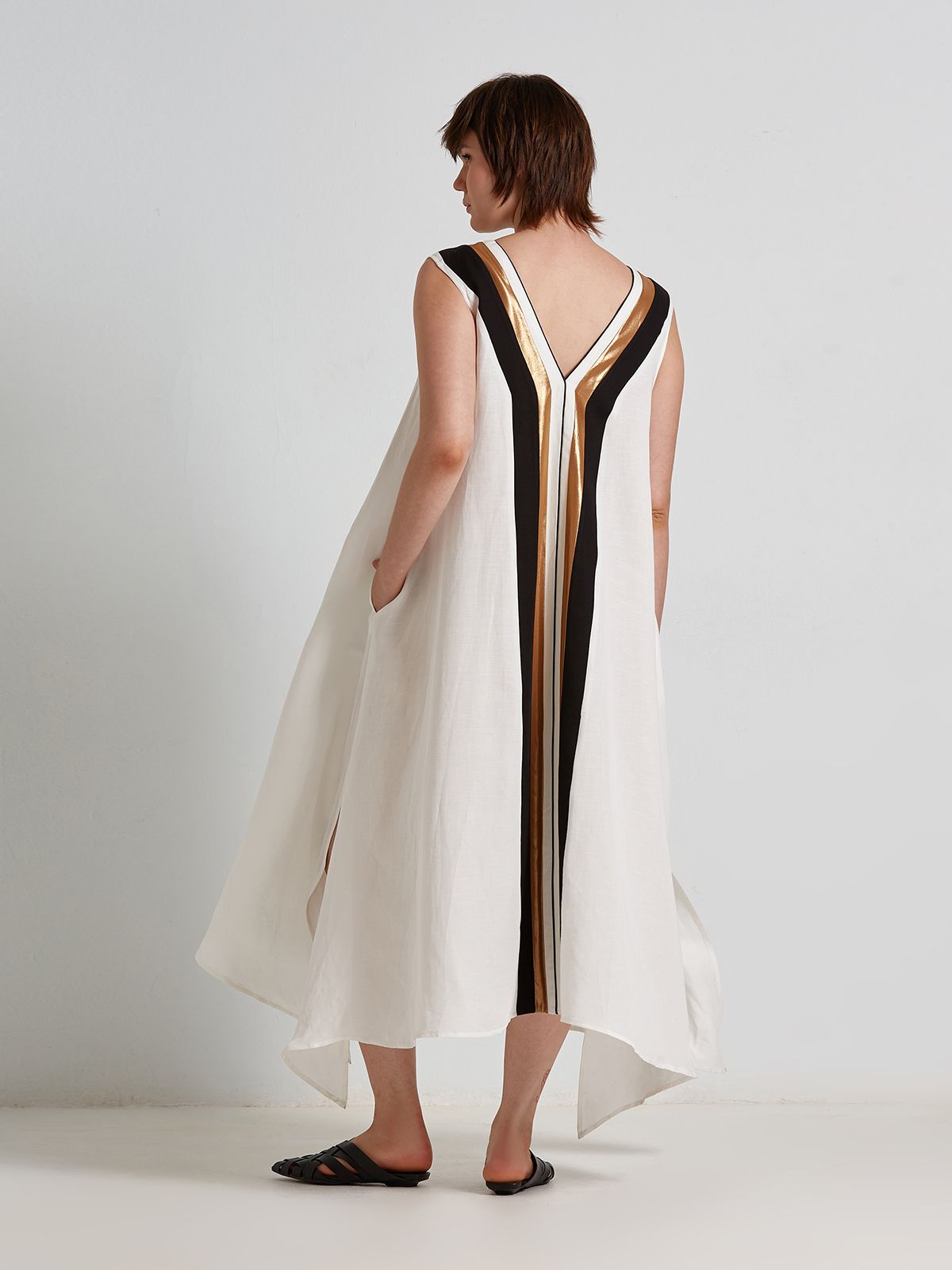 Metallic detailed viscose/linen sleeveless dress