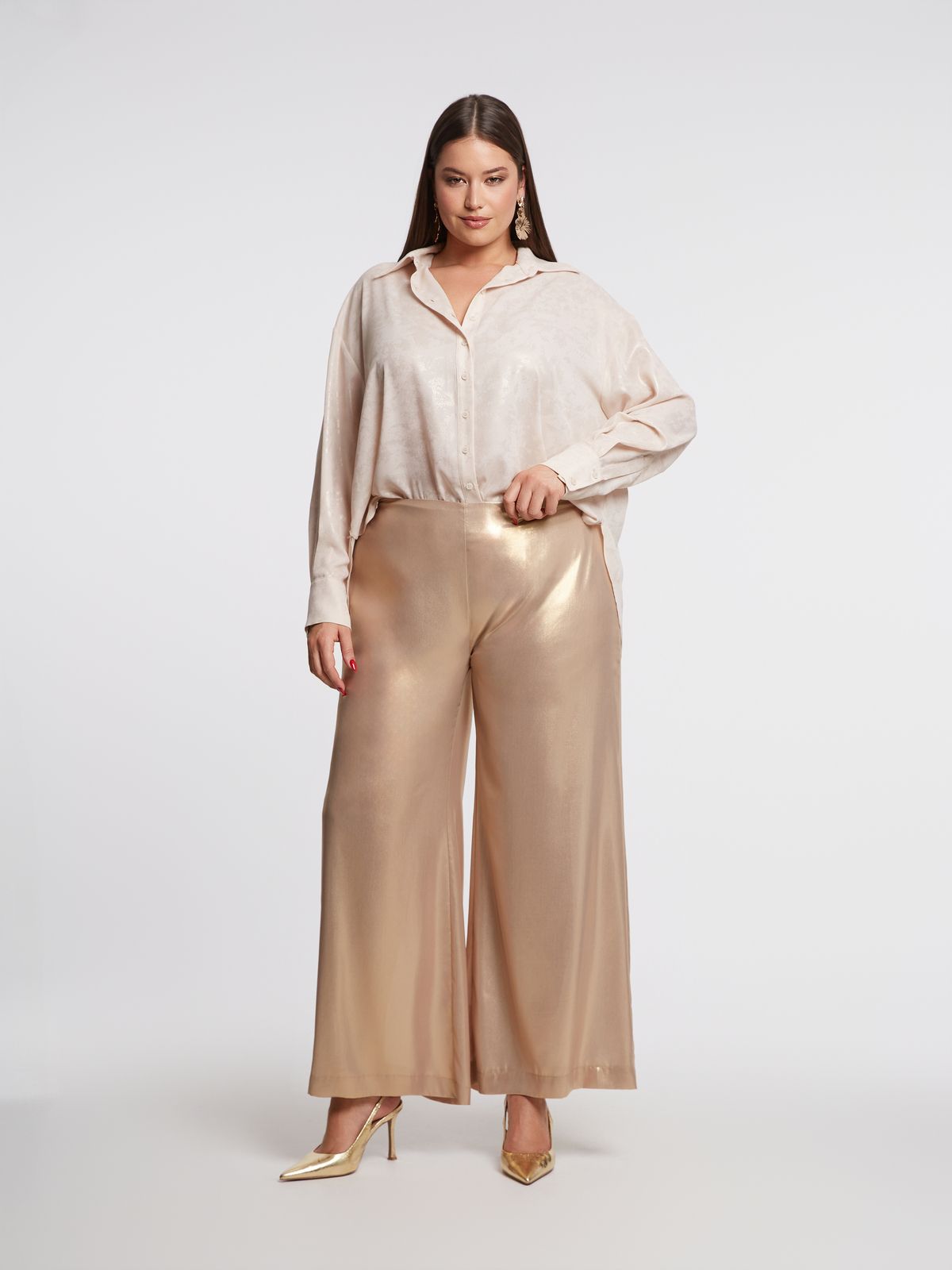 Metallic gold wide-leg pants with elastic waist