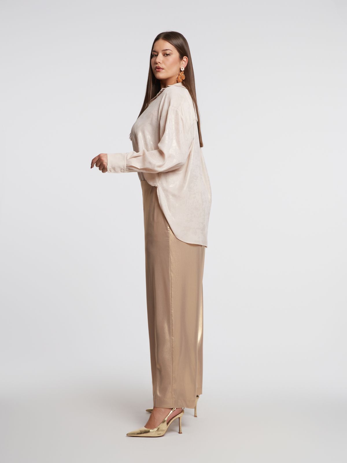 Metallic gold wide-leg pants with elastic waist
