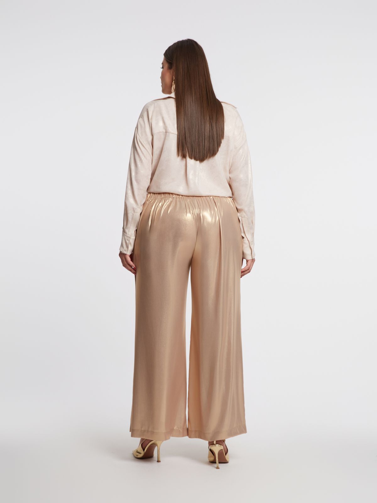 Metallic gold wide-leg pants with elastic waist
