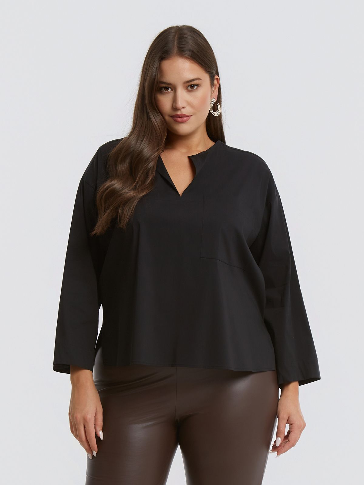 Minimal cotton blend blouse with chest pocket & modern neckline