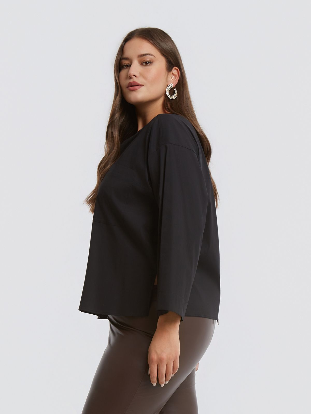 Minimal cotton blend blouse with chest pocket & modern neckline