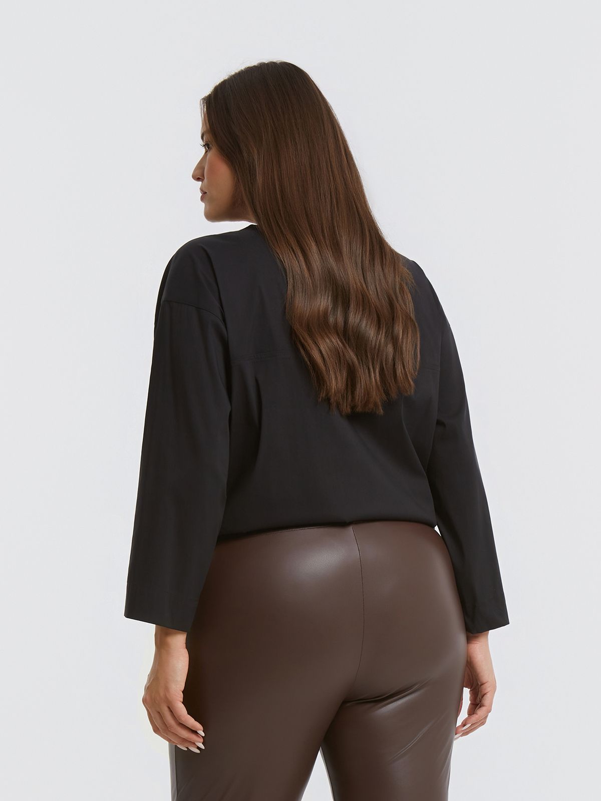 Minimal cotton blend blouse with chest pocket & modern neckline