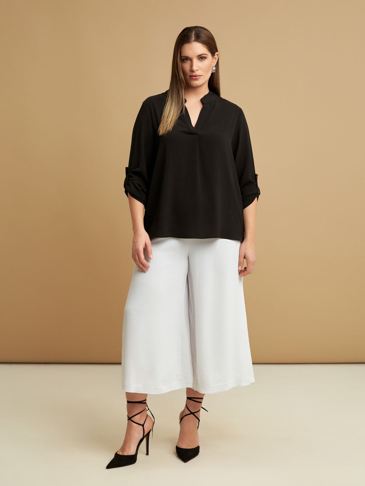Roll-sleeve V-neck blouse