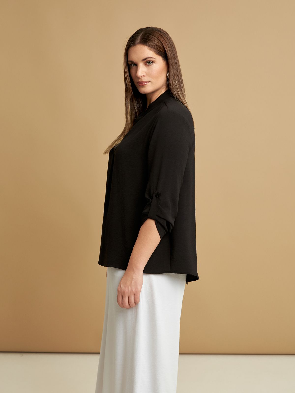 Roll-sleeve V-neck blouse