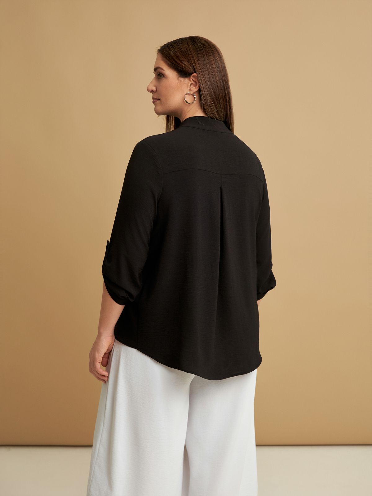 Roll-sleeve V-neck blouse