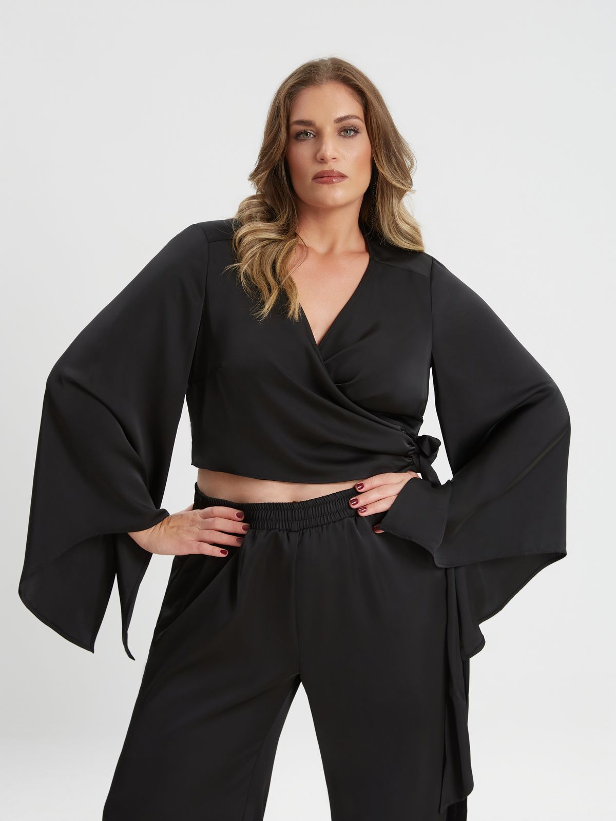 Satin wrap top with flared sleeves