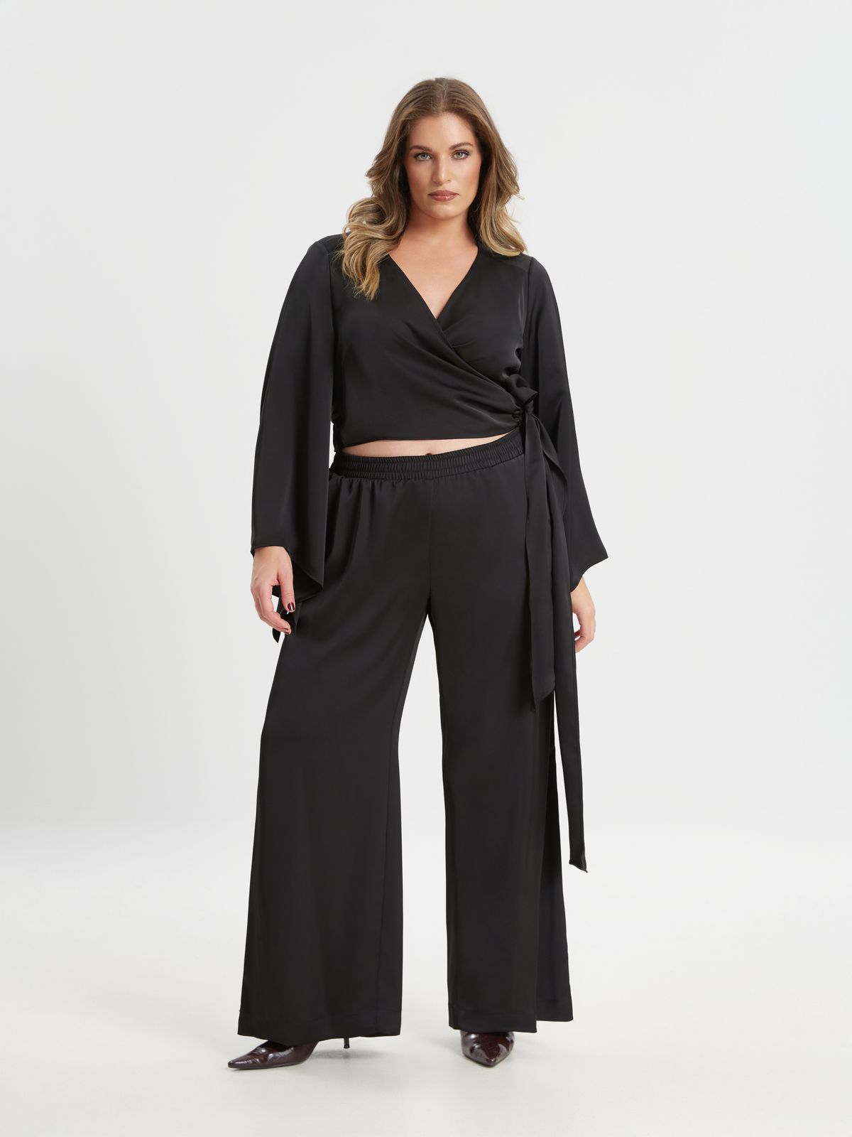 Satin wrap top with flared sleeves