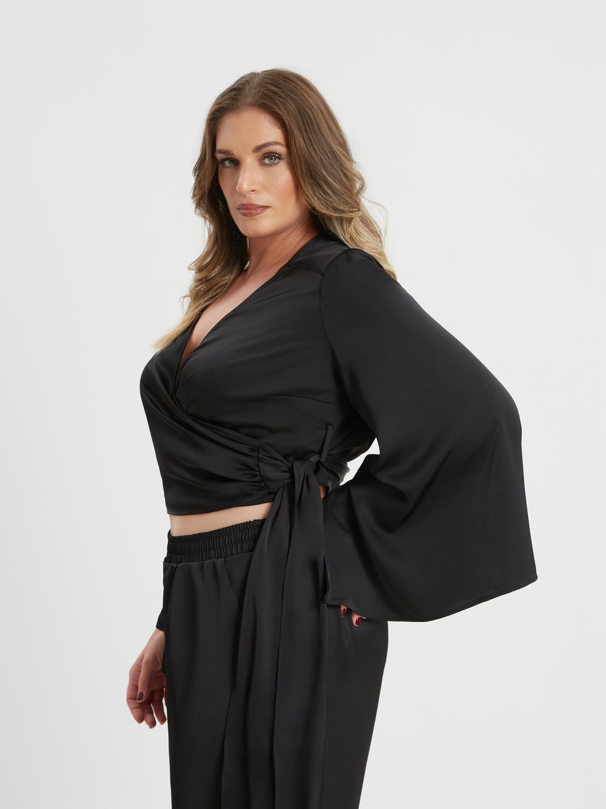 Satin wrap top with flared sleeves